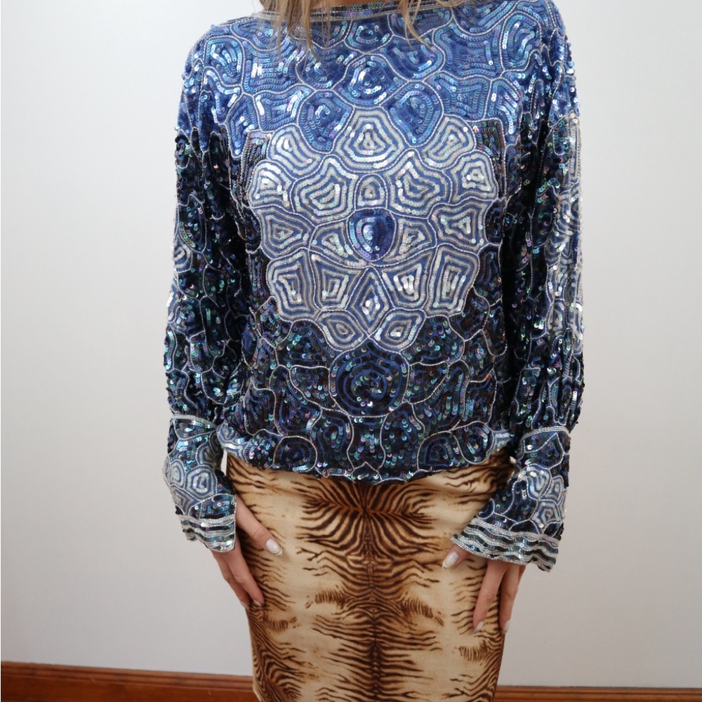 Elegant Blue Silk Patterned Women's Top